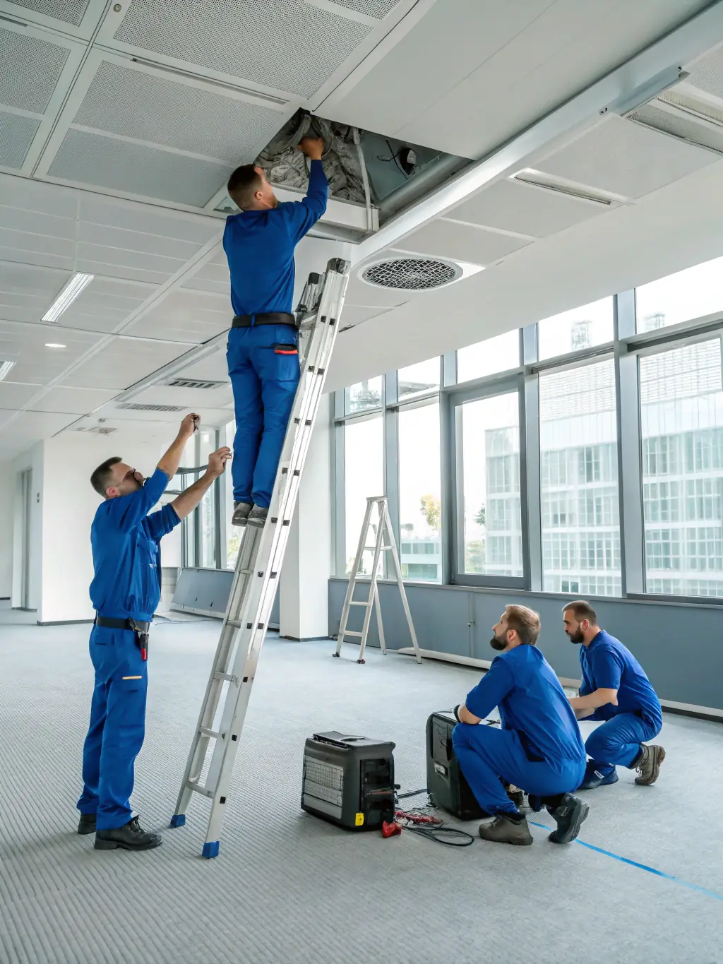 A team of Cold Stinger technicians working together on an HVAC installation project, showcasing their expertise and teamwork.