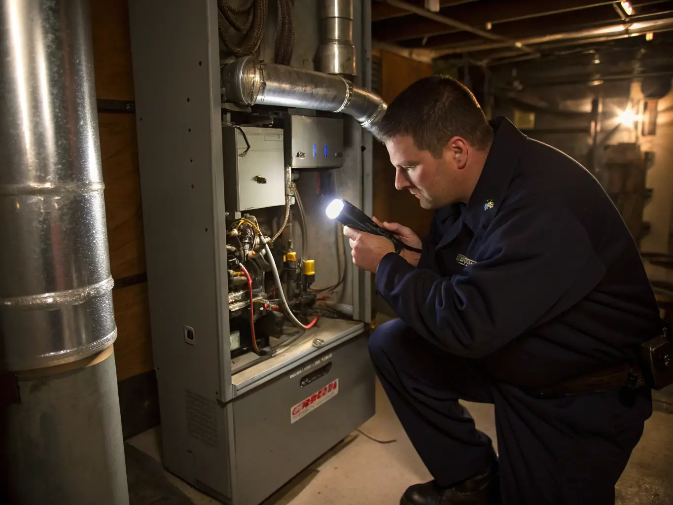 A technician is inspecting a furnace, highlighting the importance of regular furnace maintenance and repair.