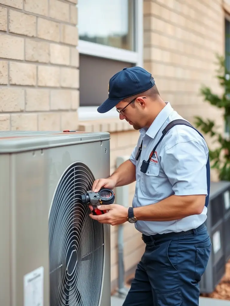 A friendly Cold Stinger technician smiling and giving a thumbs up while standing next to a fully equipped service van in a residential neighborhood.