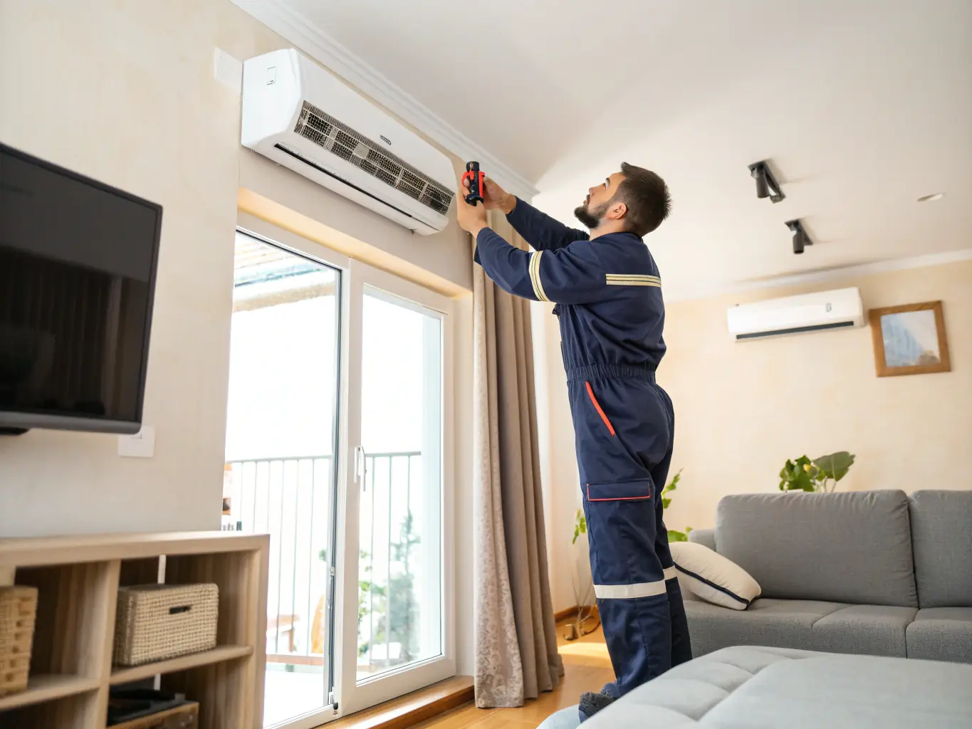 A technician is shown expertly repairing an air conditioning unit outdoors, emphasizing the company's commitment to fast and reliable AC repair services.