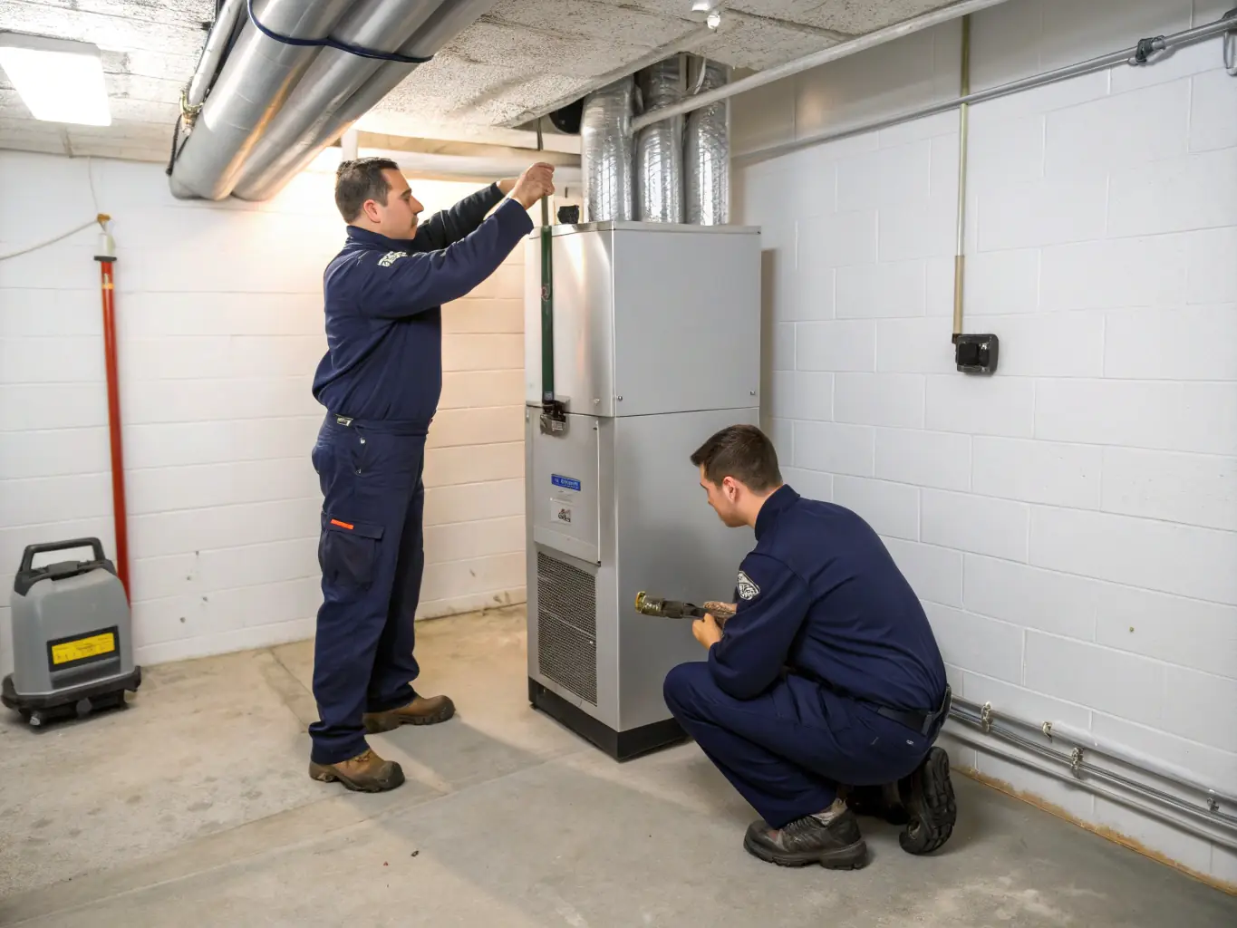 A technician is shown installing a new, energy-efficient furnace in a residential basement, highlighting the company's expertise in furnace repair and installation.