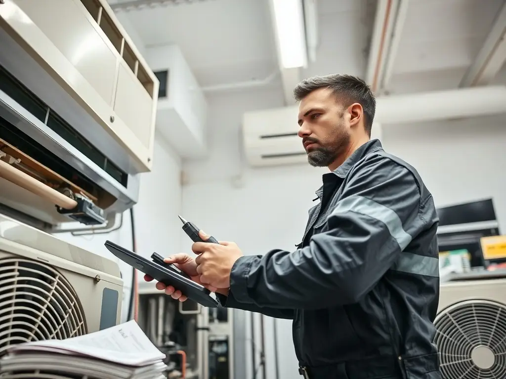 A technician is diagnosing an AC unit with gauges and tools, showcasing precision and expertise in AC repair.