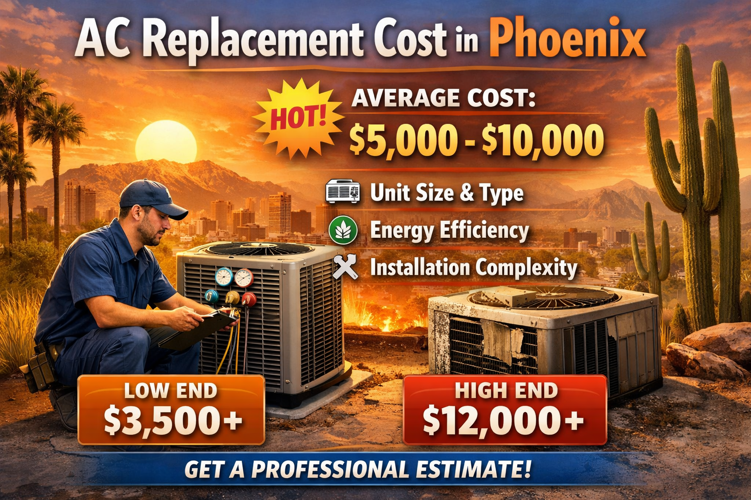 AC replacement cost in Phoenix infographic showing 2026 pricing by home size, system tonnage, and efficiency