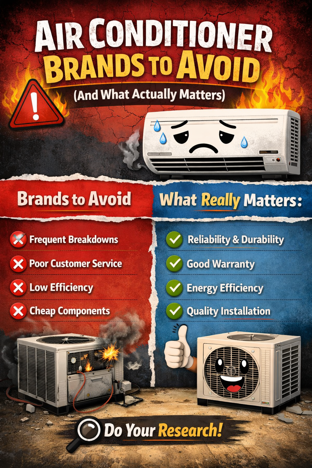 Air conditioner buying guide infographic comparing what matters most when choosing an AC system: correct sizing, installation quality, airflow and ductwork, efficiency rating, warranty support, and total cost.