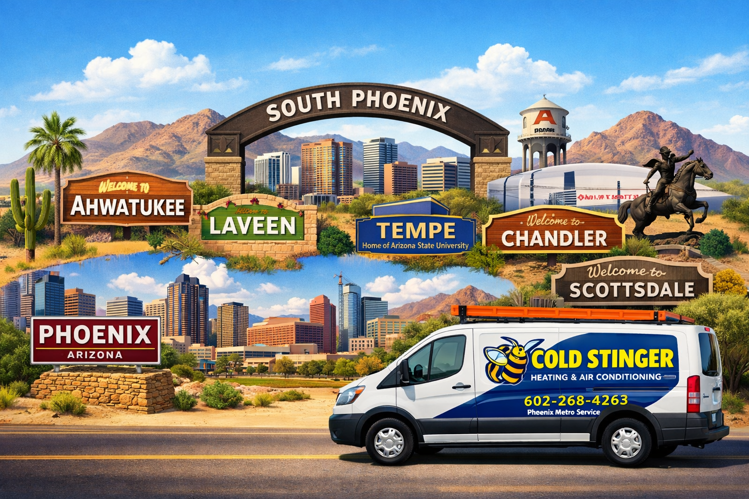 Map-style service area image showing Phoenix, Ahwatukee, Laveen, South Phoenix, Tempe, Chandler, Glendale, and Scottsdale HVAC coverage
