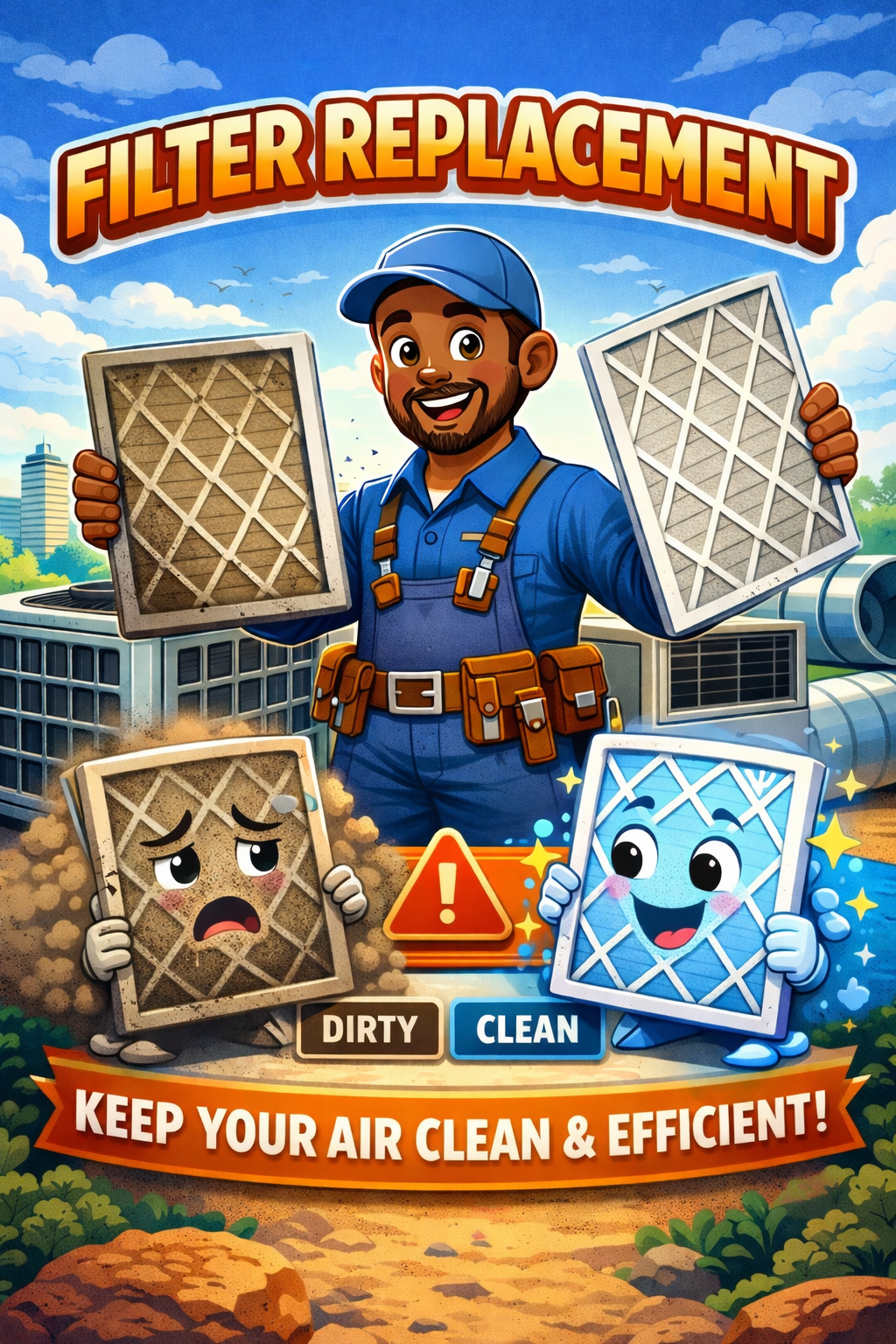 Technician replacing a residential HVAC air filter in a Phoenix home, showing correct airflow direction arrow and clean filter installation