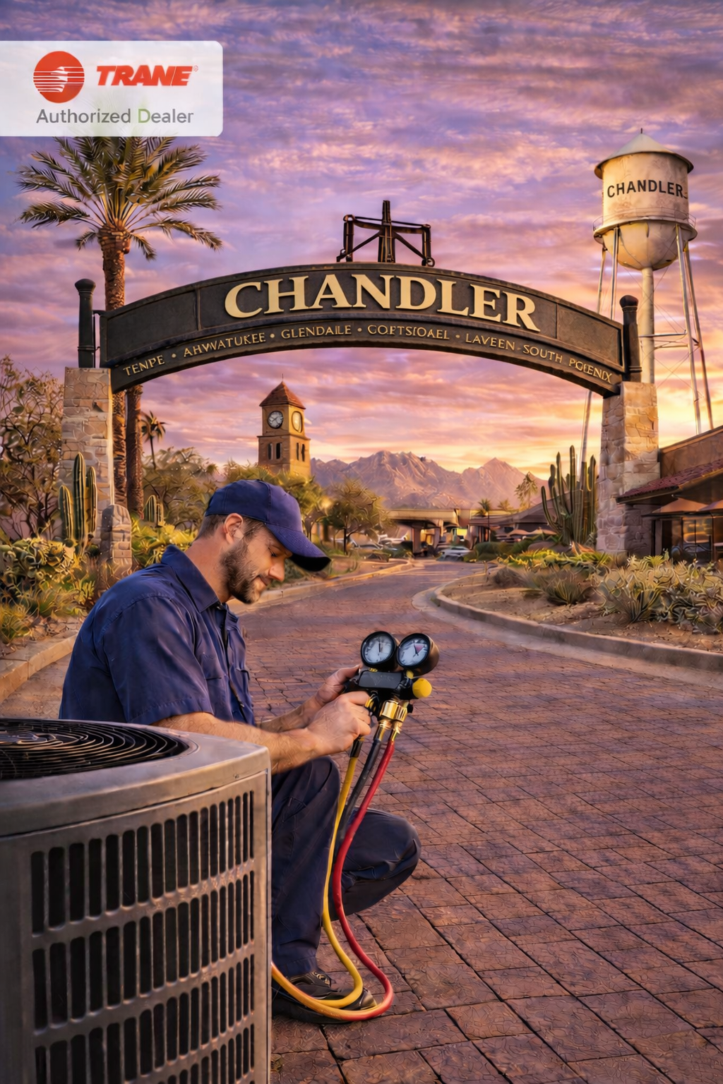 HVAC technician at sunset servicing an air conditioner for a home in Chandler Arizona