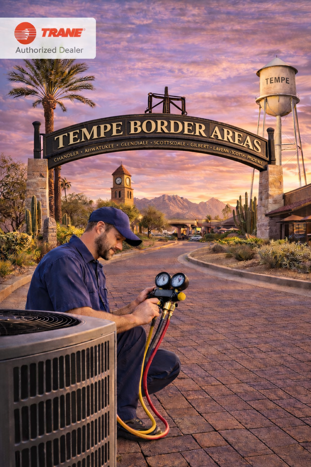 HVAC technician at sunset servicing an air conditioning system for a home in Tempe border areas Arizona
