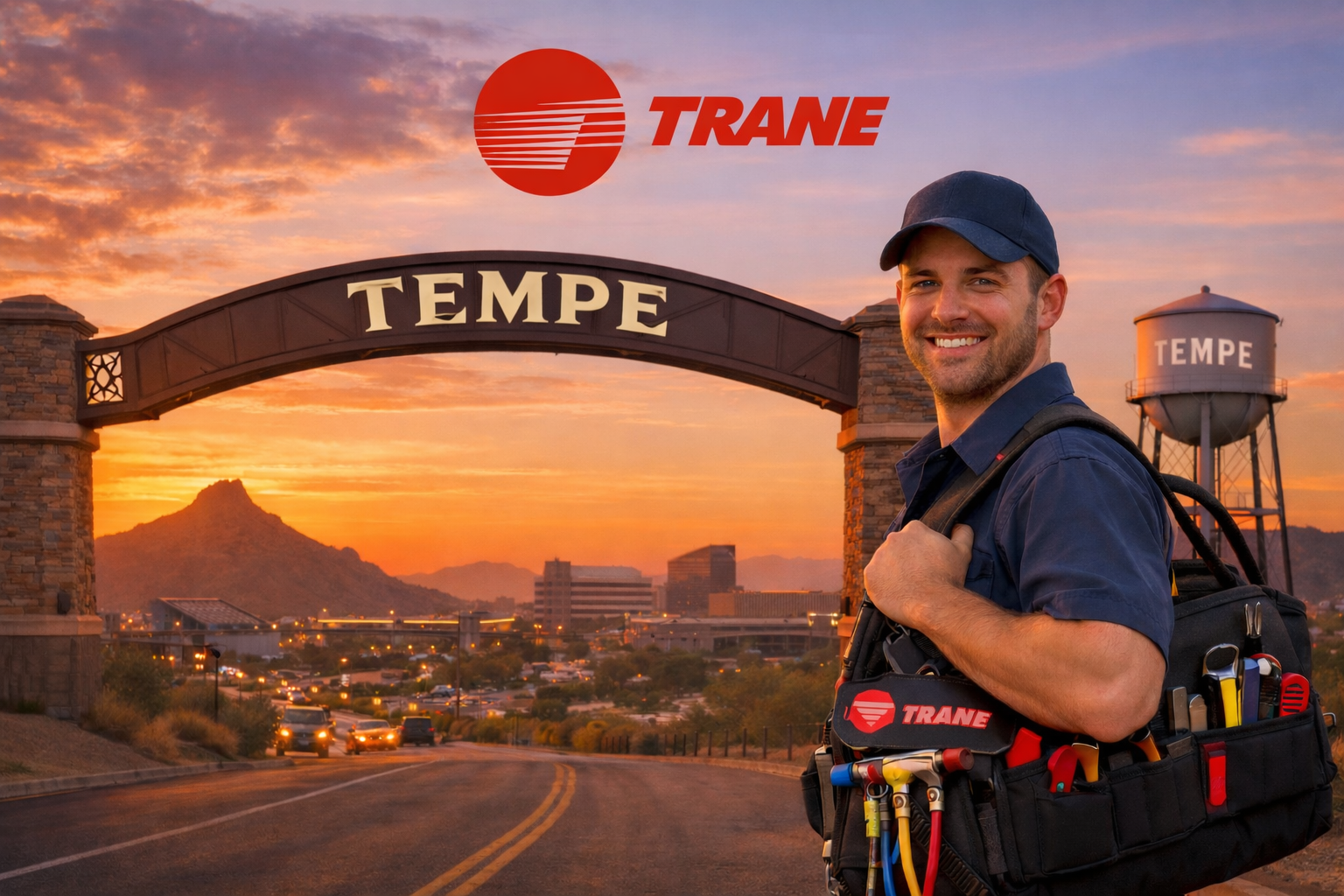 HVAC technician with a Tempe Arizona sunset backdrop servicing an air conditioner for a local home