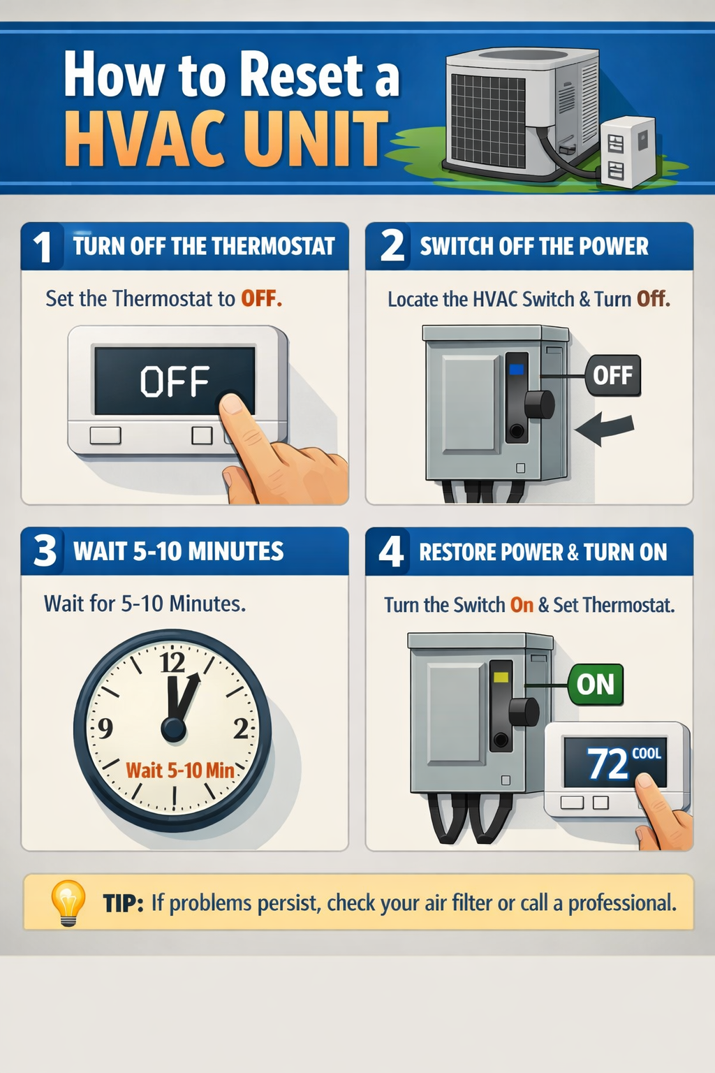 How to reset your HVAC unit safely: thermostat reset, circuit breaker reset, outdoor disconnect reset, and waiting period before restarting