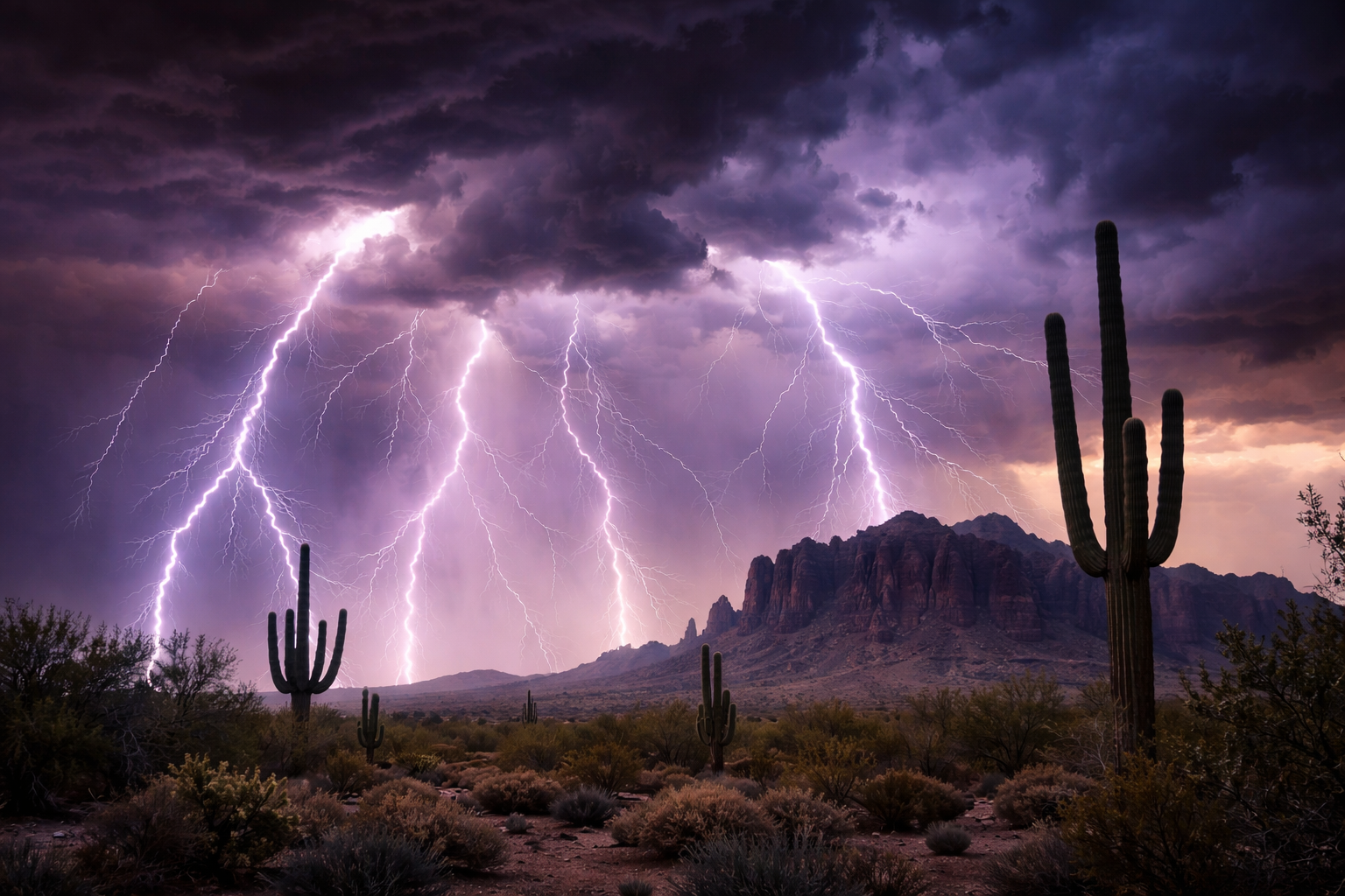 Annual temperature changes in Phoenix AZ during monsoon season with lightning strike over Arizona desert