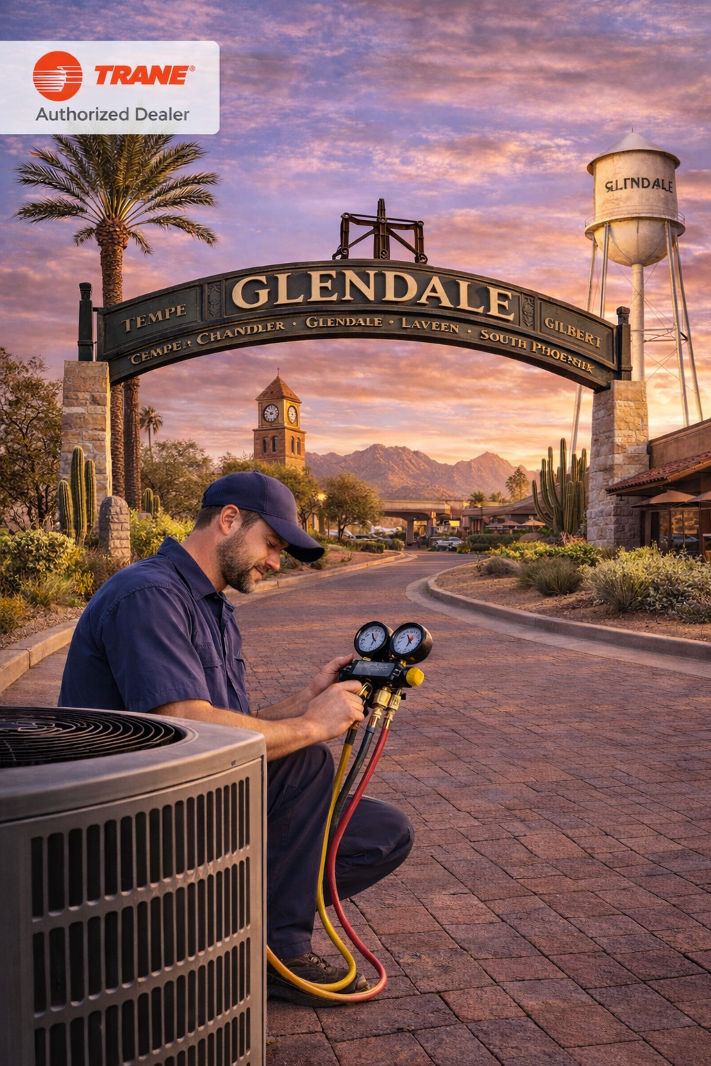HVAC technician servicing an air conditioner at sunset for a home in Glendale Arizona