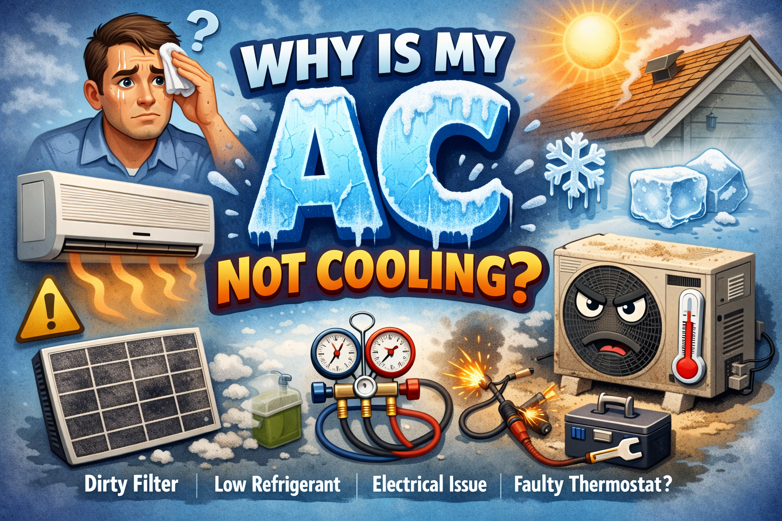 HVAC technician diagnosing an air conditioner that is running but not cooling, checking thermostat settings, airflow, and outdoor condenser performance.