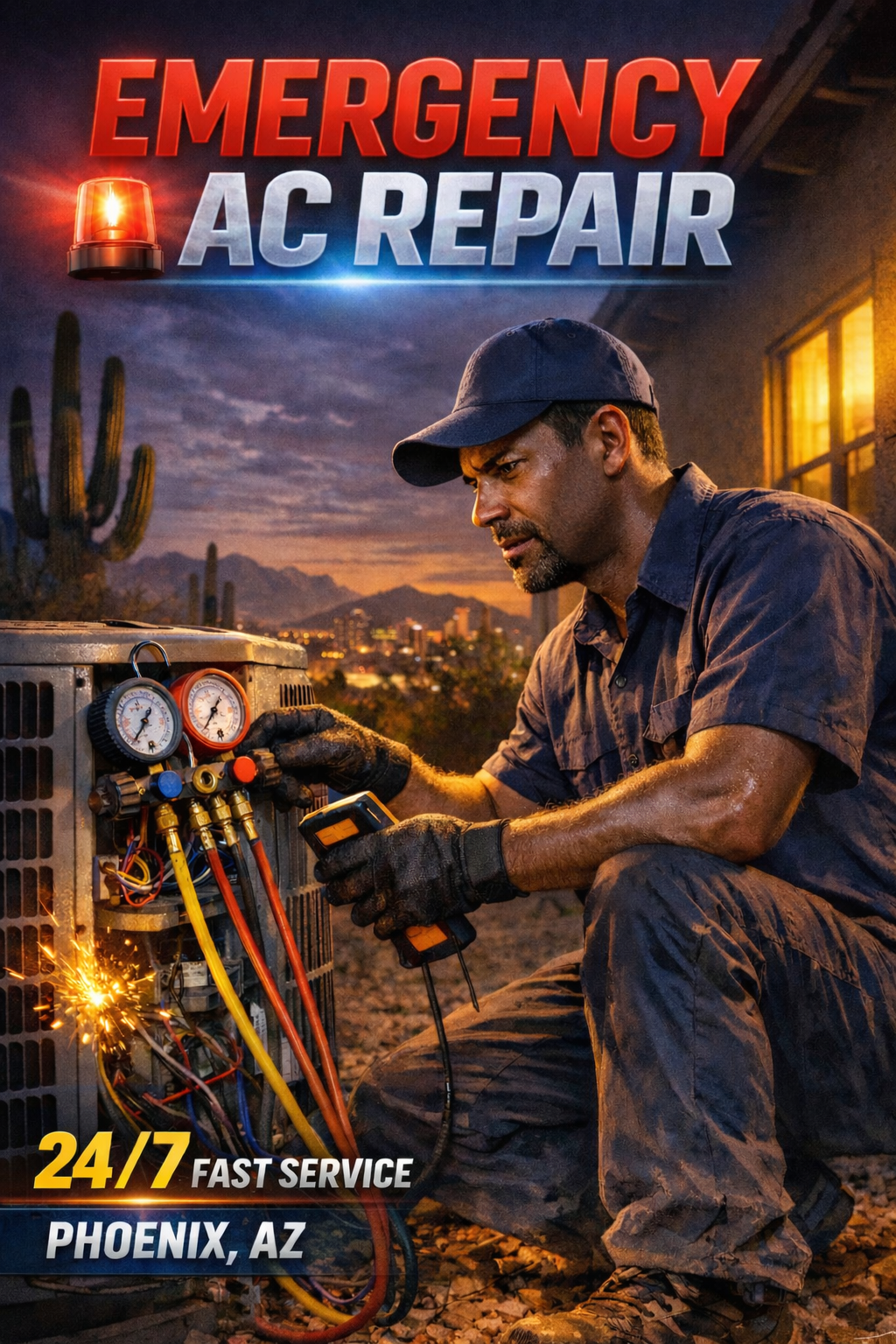 Emergency AC repair in Phoenix AZ: Cold Stinger technician diagnosing a no-cool air conditioner during extreme heat